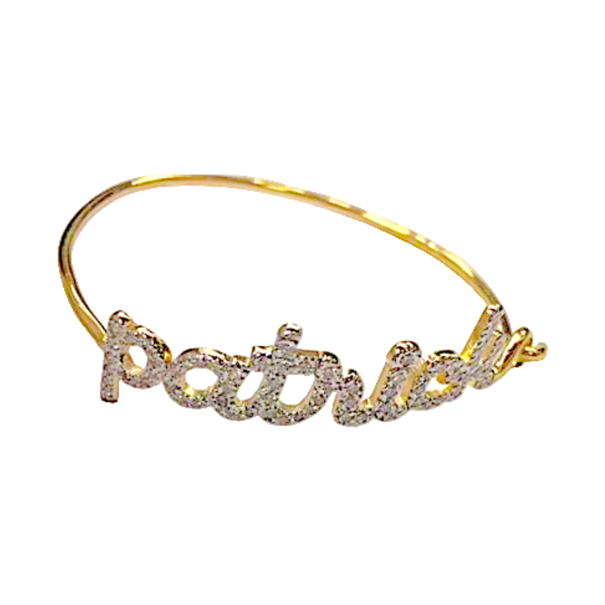 A 14k gold bracelet with pave diamond letters spelling out 'Patrick', with a gold band and pave diamond accents.