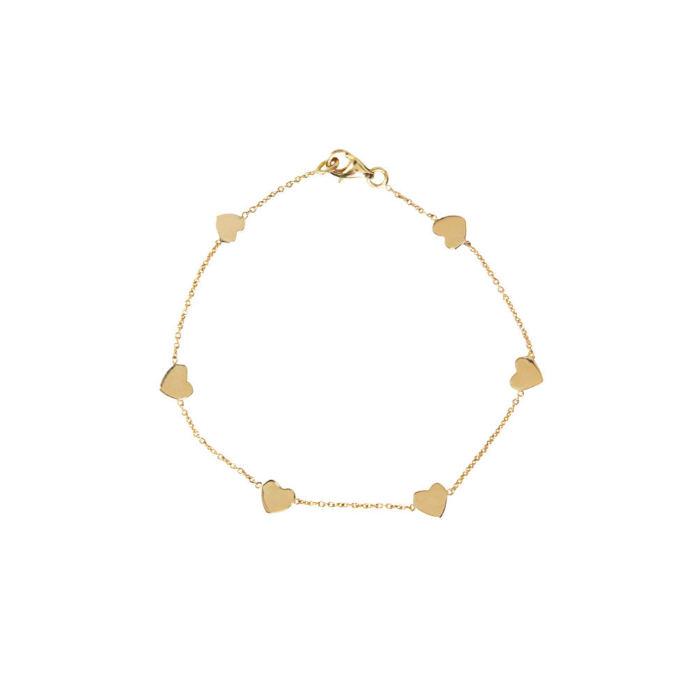 A 14k yellow gold bracelet featuring multiple small heart charms evenly spaced along the length.