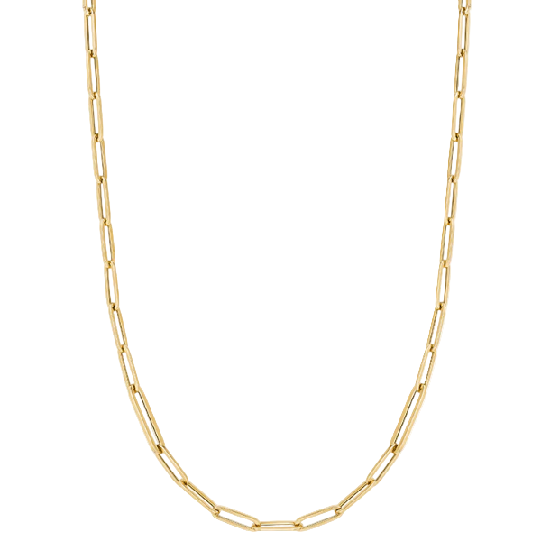 A gold paper clip chain necklace on a white background