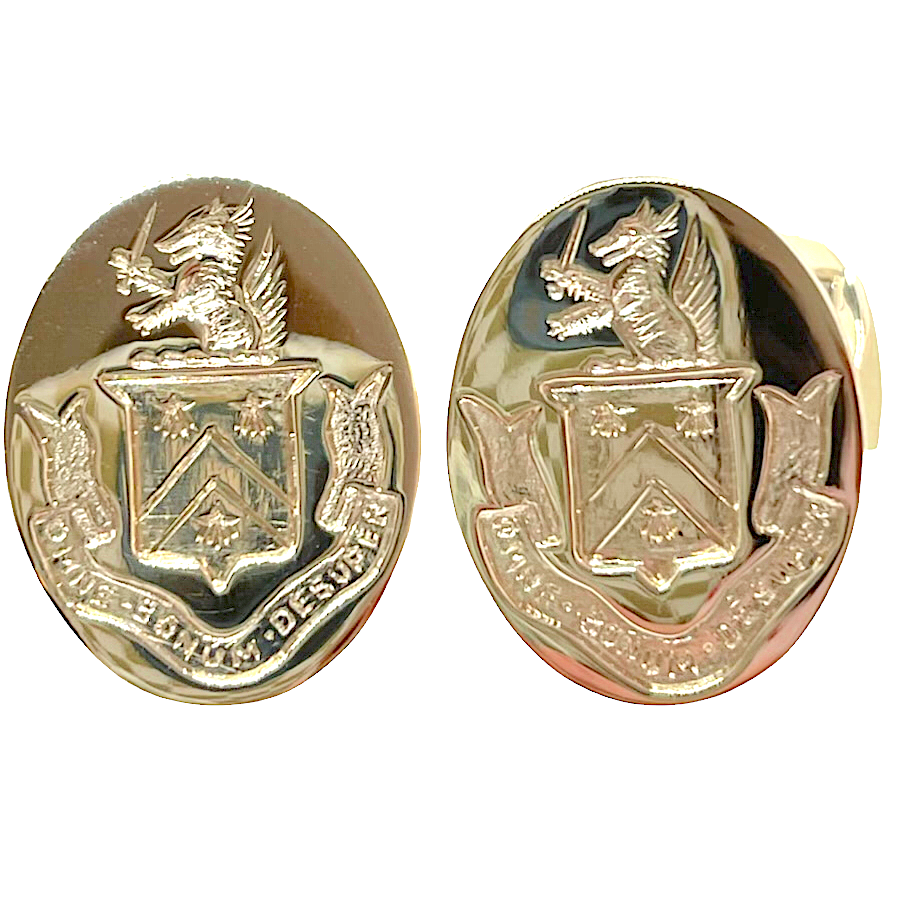 A pair of 14k yellow gold hand engraved cufflinks with a coat of arms design, featuring an eagle.