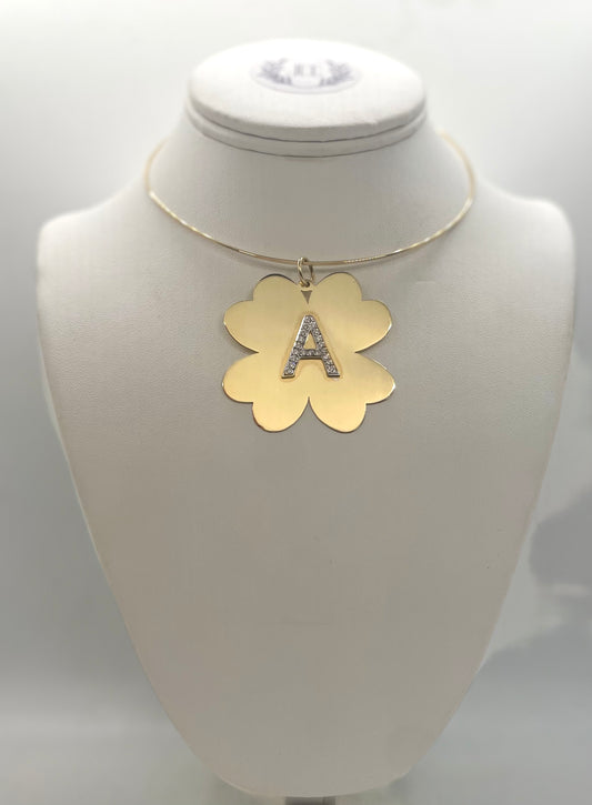 14k Gold 1 and 2 inch Clover with Pave Diamond Initial (Customizable)