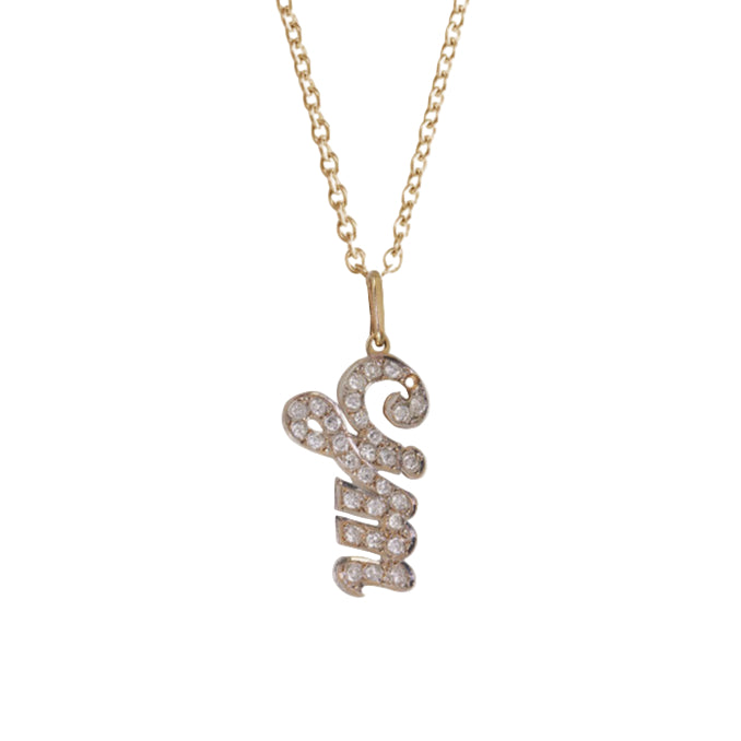 A 14k gold necklace with a pave diamond initial charm set in a gold frame, displayed against a white background.