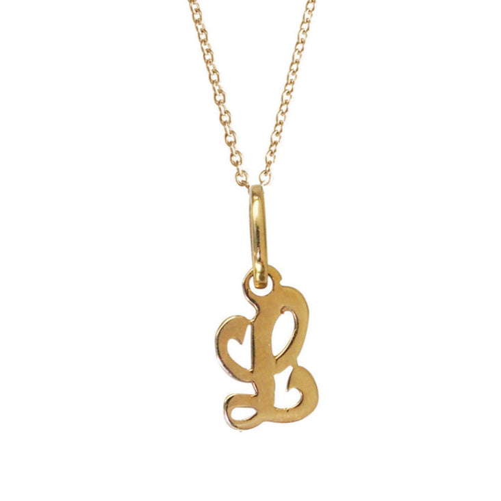 Gold necklace with a 'L' pendant on a white background