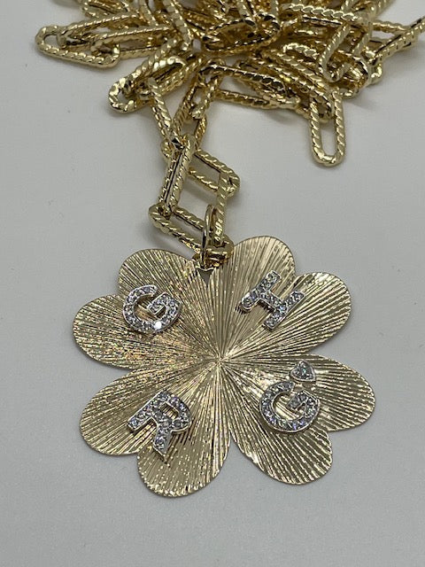 14K Gold Etched MC Clover 2 Inches with Stone or Diamond Letters